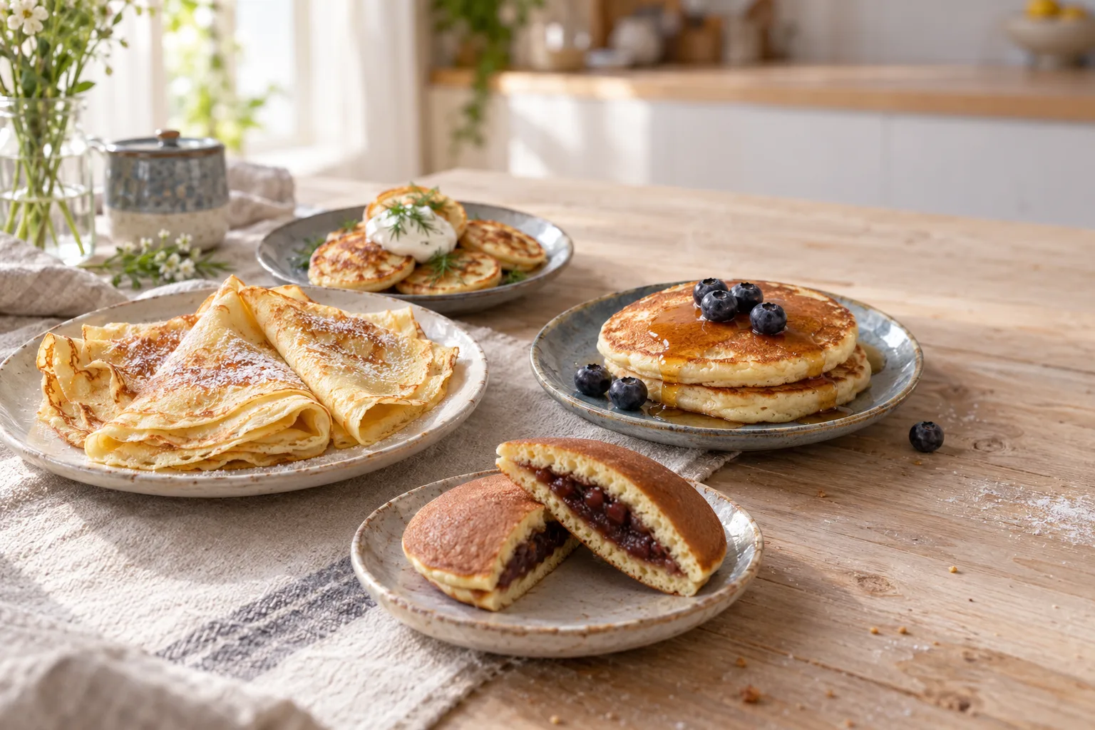 Crêpes, blini z kwaśną śmietaną i koperkiem, pancakes z borówkami oraz przekrojone dorayaki z pastą z czerwonej fasoli na jasnym drewnianym stole.