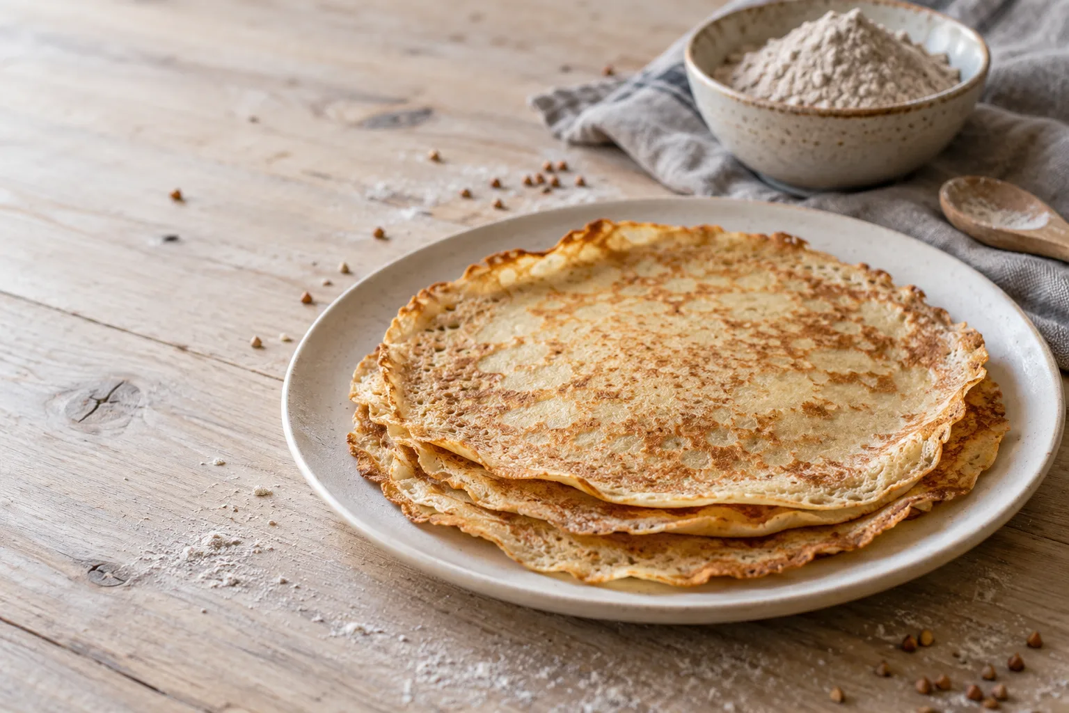 Stos cienkich, złocistych naleśników bez glutenu na jasnym talerzu, z mąką gryczaną w ceramicznej miseczce na drewnianym stole.