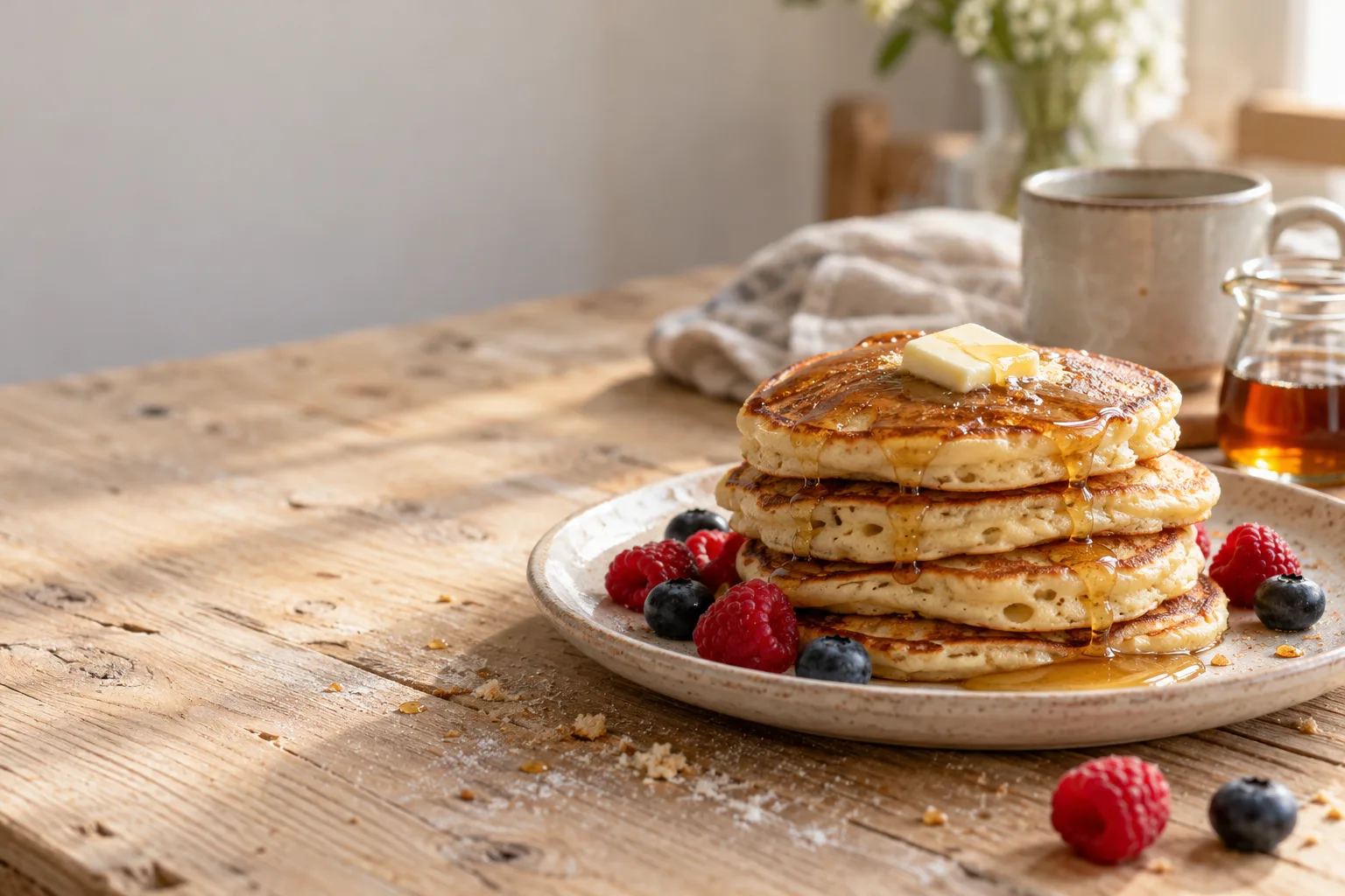 Stos puszystych pancakes z masłem i syropem klonowym, z malinami i borówkami, na jasnym talerzu na drewnianym stole